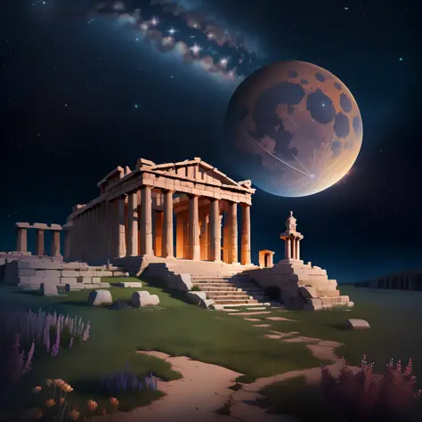 high quality landscape painting of Roman Forum and colosseum with the full moon, stars by Unreal Engine --auto