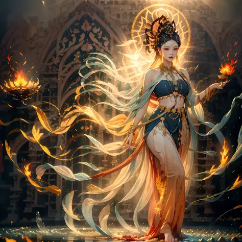 A woman in bizarre costume holding a fiery wand，Full close-up, Standing barefoot in a disc on the water，Fire in the hands，A circ...