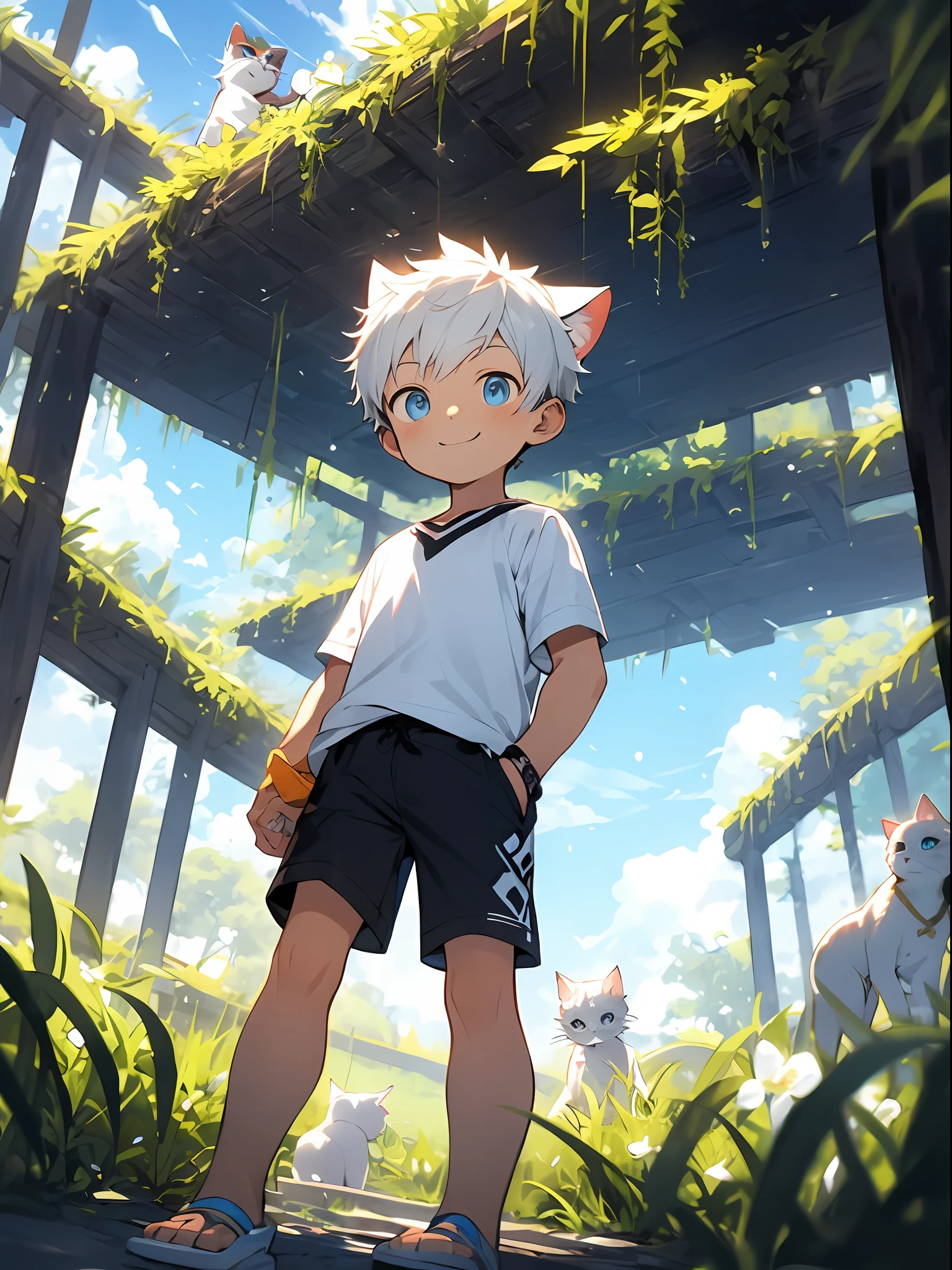 three quarter view，Shota，Black and white hair，toddlers，Blue eyes，cat ear ，cat tails， Cutes， to stand， Master masterpieces， high resolucion，8K，detailedbackground，highly quality，Libido boy，独奏，shortpants，grass field，White flowers，Happy expression，