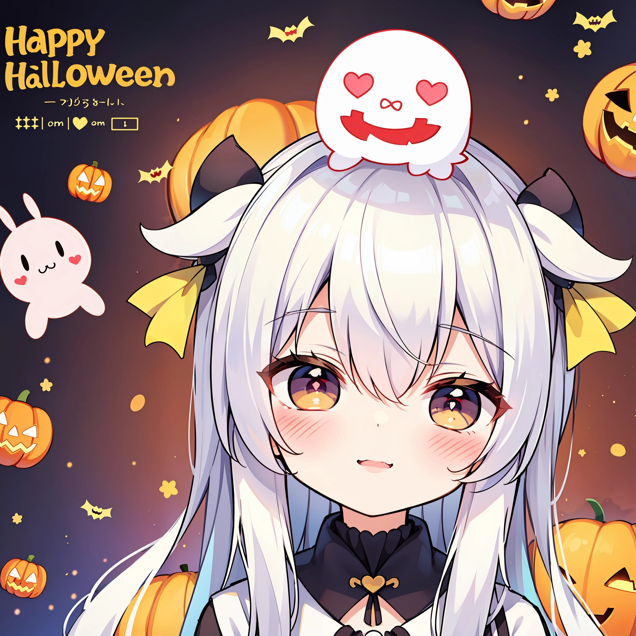 cute halloween (((chibi))) poster, white hair, asymmetrical hair, bangs, heart-shaped pupils, smile, light smile, light blush, anime style, anime, masterpiece, high quality