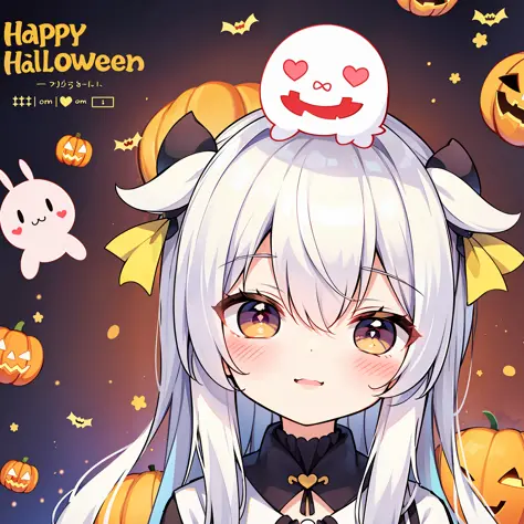 cute halloween (((chibi))) poster, white hair, asymmetrical hair, bangs, heart-shaped pupils, smile, light smile, light blush, a...