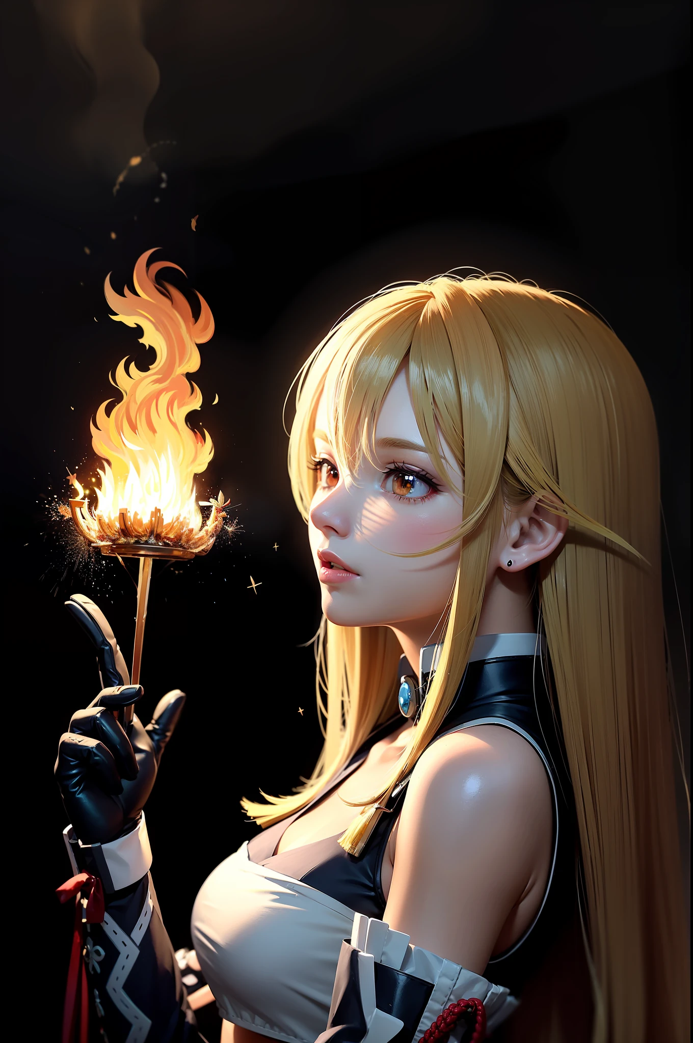 (8k, OriginalPhoto, Best quality, Masterpiece:1.4), Colorful, ultra detaile, Particle, Depth of field, Portrait, [sketch], volumettic light, ((Atmospheric light)), guangjiao, Flawless face, Flawless skin,
milla maxwell, Blonde hair, Long hair, Striped hair,  fantasy,  Fire magic, fire ball, looking  at viewer, casting spell, Standing,  ((Fire butterflies, flying sparks, Flames)),