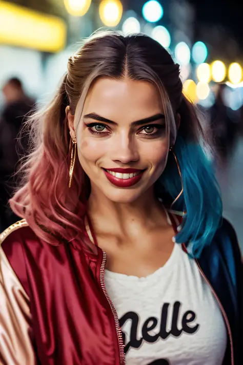 Foto RAW, uma foto retrato de 25 y.o Modelo Adriana Lima, arlequina, sorriso louco, jaqueta de couro vermelho, rede de peixe, sh...