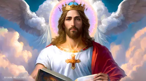uma pintura de um homem com uma coroa e um livro, Rei dos Reis, Jesus Cristo, Jovem Deus Todo-Poderoso, sentou-se em seu trono, ...
