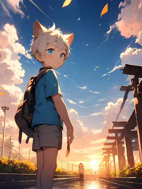 three quarter view，（Shota，iwhite colored hair，toddlers，Blue eyes，Libido boy，mascle）cat ear ， Cutes， to stand， Master masterpiece...