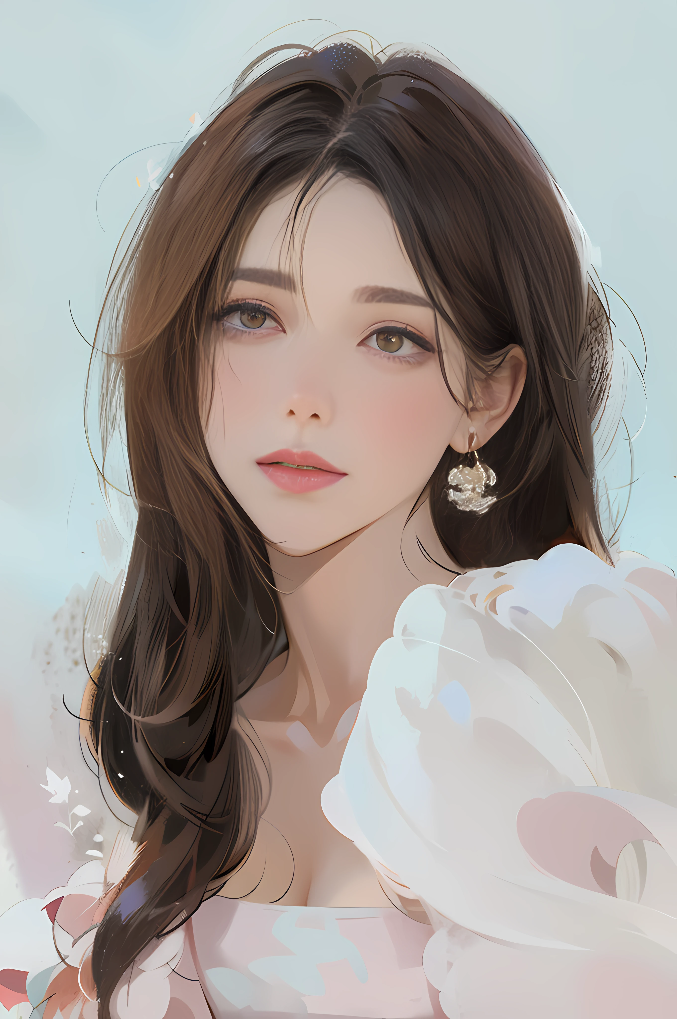 (nmasterpiece：1.2), Best quality,Unity 8k wallpaper, ultra -detailed, (s fractal art: 1.2), japan animation, CG, 1girls，a close up of a woman with long hair wearing a pink dress, Delicate makeup,Bright eye，ear ring，Clear jade earrings，Smile with，Parting lips，white teeth