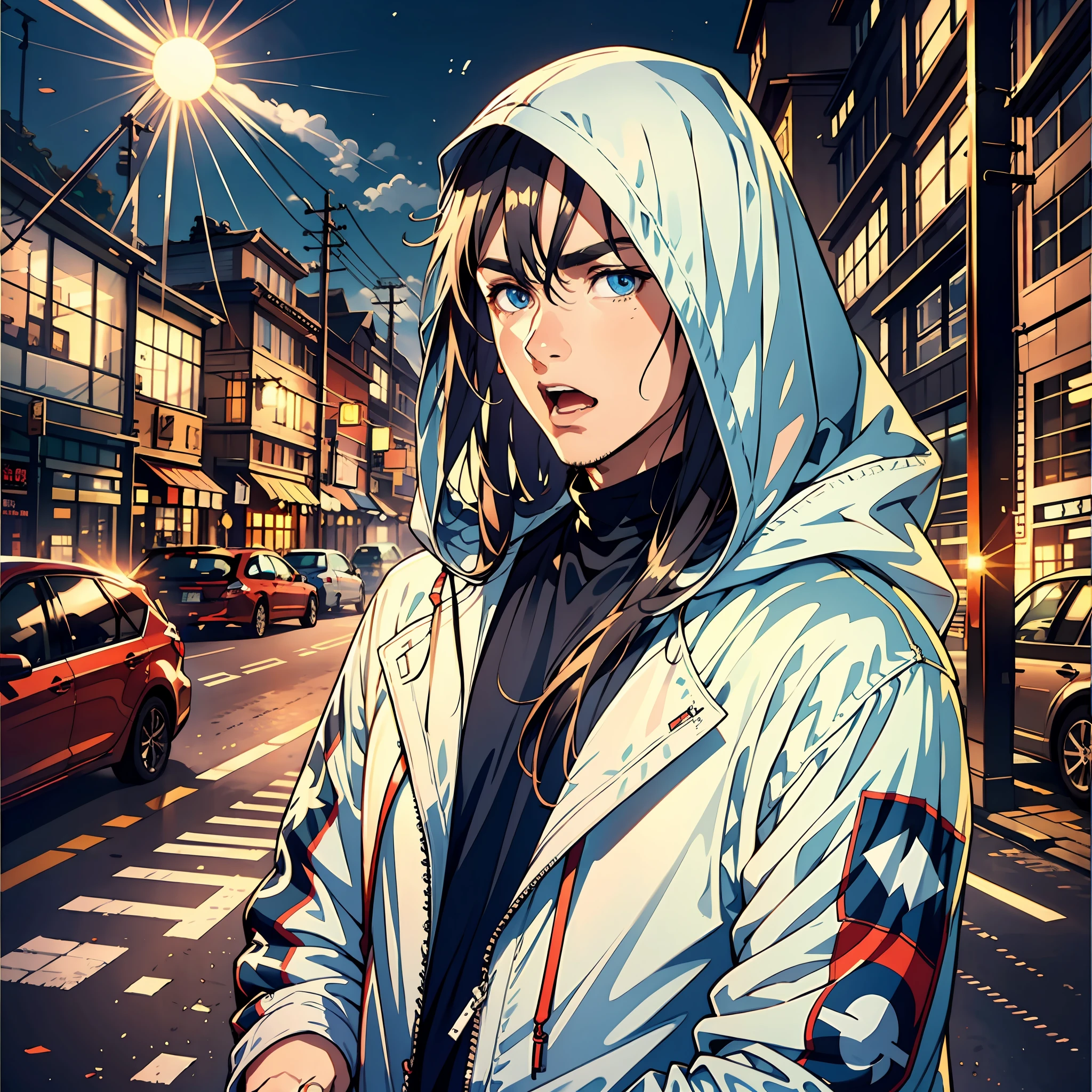 A 25-year-old man，Nice blue eyes，White long hair，astonishment，is shocked，Grew a mouth，Sun'rays，Streets，automobile，Hooded storm jacket，sidelighting, Masterpiece of the best quality，8K，intensely detailed，highly quality，high resolucion