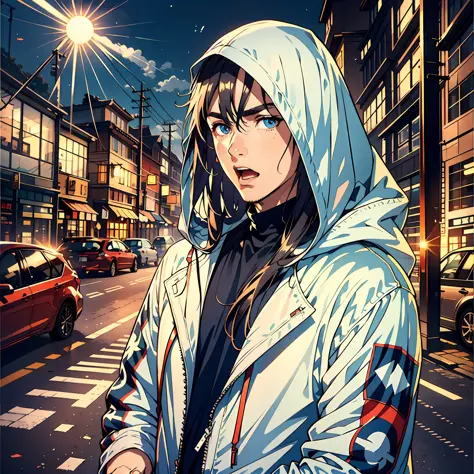 a 25-year-old man，nice blue eyes，white long hair，astonishment，is shocked，grew a mouth，sun'rays，streets，automobile，hooded storm j...