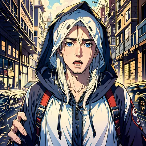 a 25-year-old man，nice blue eyes，white long hair，astonishment，is shocked，grew a mouth，sun'rays，streets，automobile，hooded storm j...