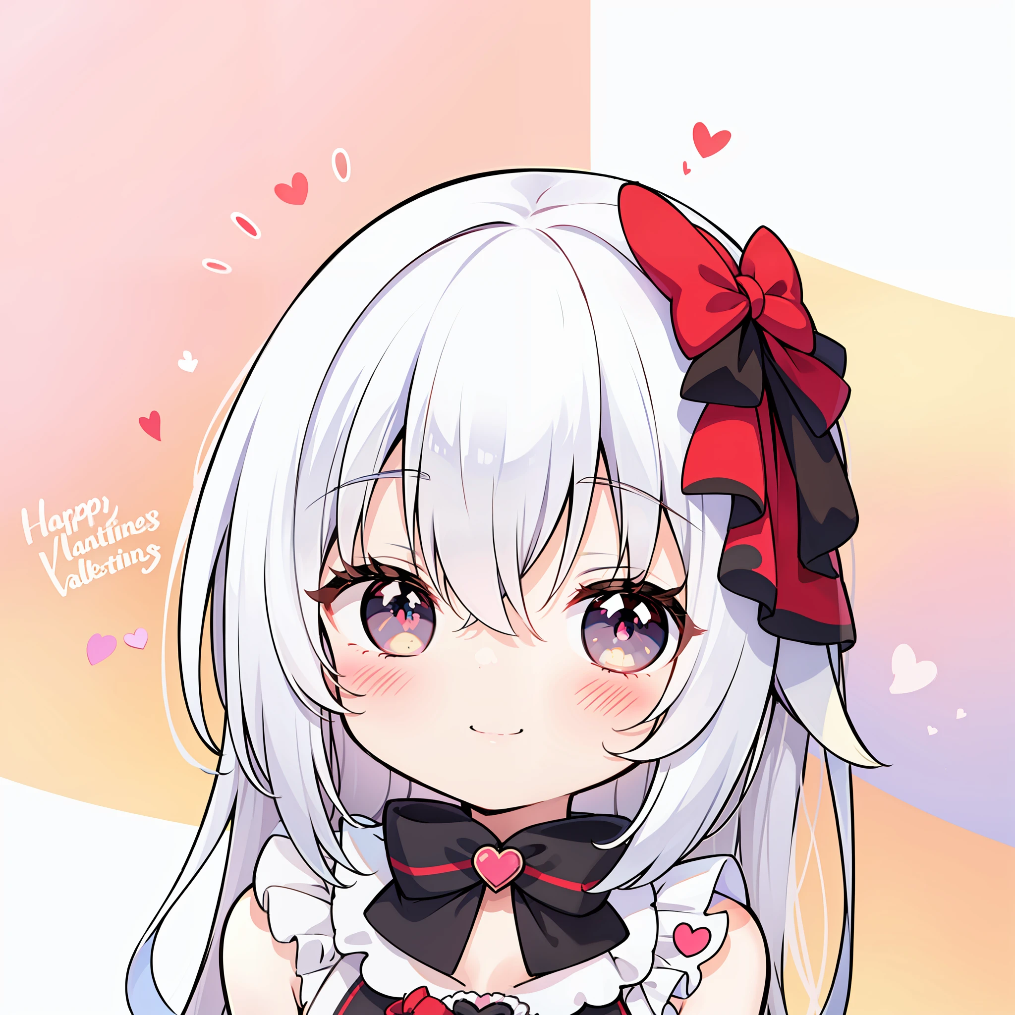 cute valentines day (((chibi))) poster, white hair, asymmetrical hair, bangs, heart-shaped pupils, smile, light smile, light blush, anime style, anime, masterpiece, high quality