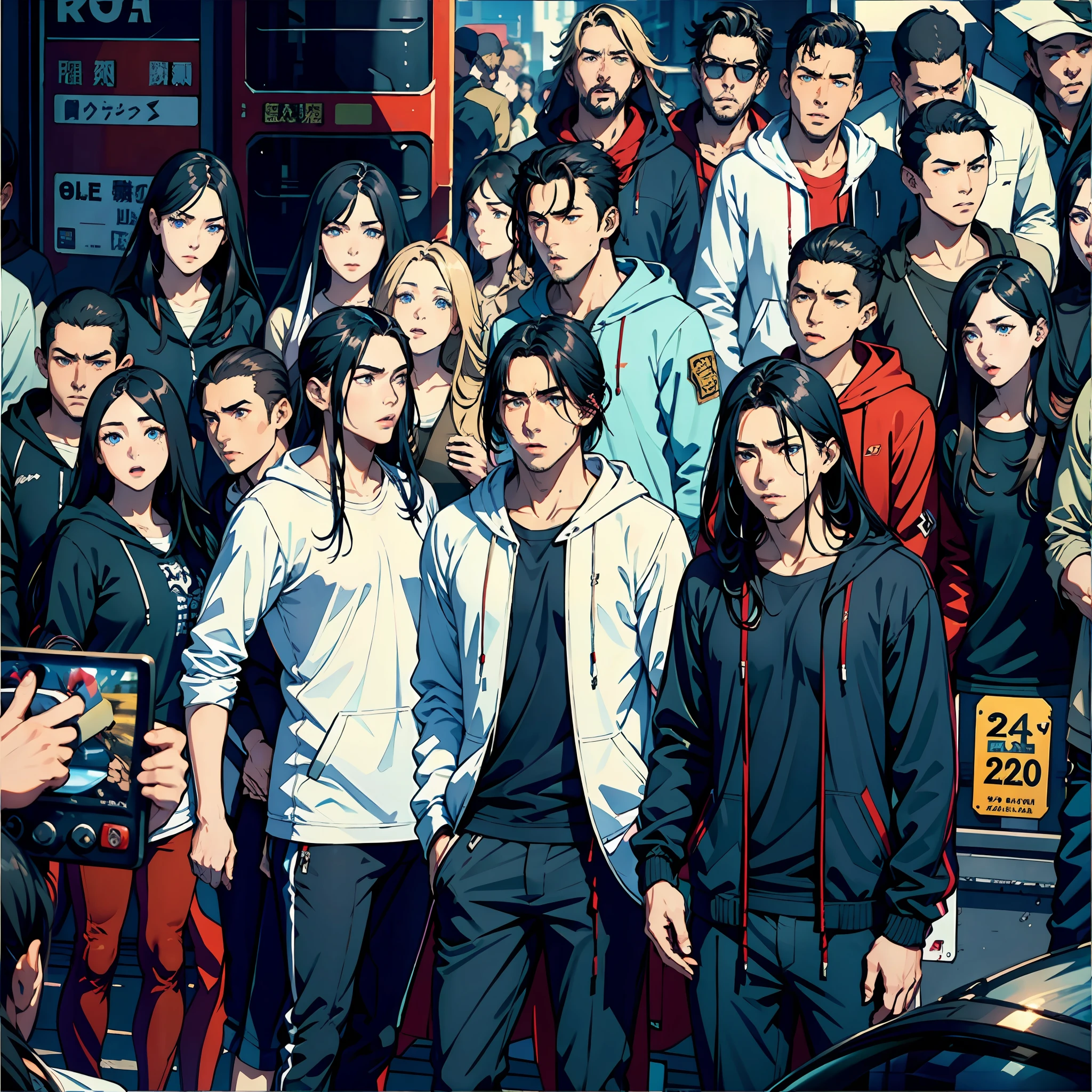 A group of 25 young men and women，Nice blue eyes，black color hair，sigh, Tears, zhangzui，perspire，Sun'rays，Streets，Road pedestrians，automobile，Hooded storm jacket，sidelighting, Masterpiece of the best quality，8K，intensely detailed，highly quality，high resolucion