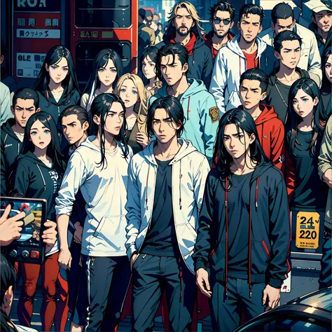 a group of 25 young men and women，nice blue eyes，black color hair，sigh, tears, zhangzui，perspire，sun'rays，streets，road pedestria...