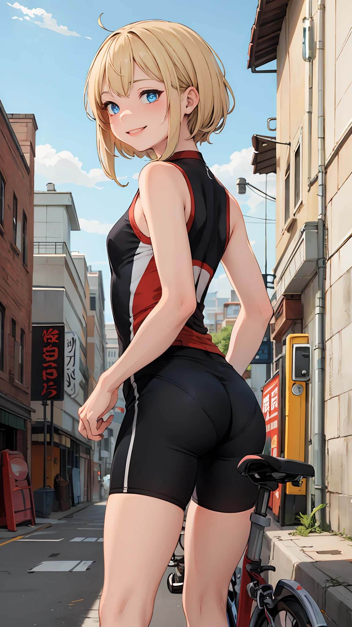 best quality, masterpiece, small breasts, little girl, smile, cycling shorts, outdoors, alone, anime style, outdoor deserted street, daytime, blue sky, blue eyes, detailed eyes, medium hair, blonde hair, loose hair, bangs, butt,