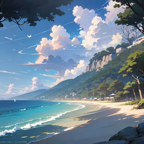 the anime, Blue Sea, Beach, Yellow sand, Rare clouds - SeaArt AI