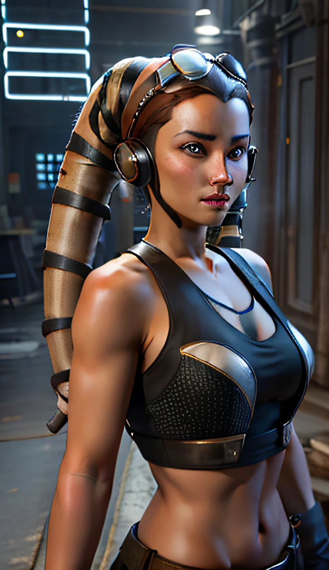 make realistic, 3d graphic, twi'lek, young, girl, jedi knight, teen face, , innocent face, lekku, no headband, nothing on head, stay with original colors of character