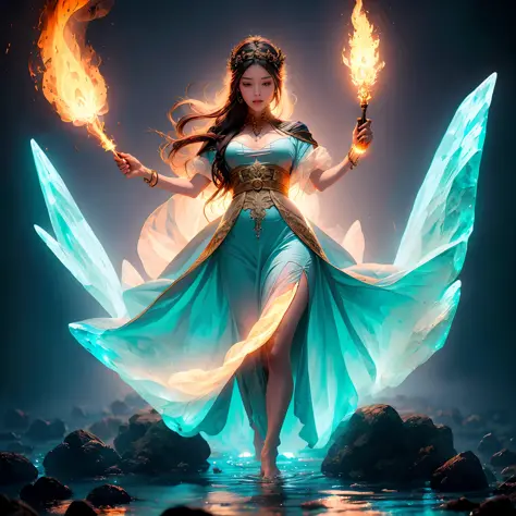 A woman in bizarre costume holding a fiery wand，Full close-up, Standing barefoot in a disc on the water，Fire in the hands，A circ...
