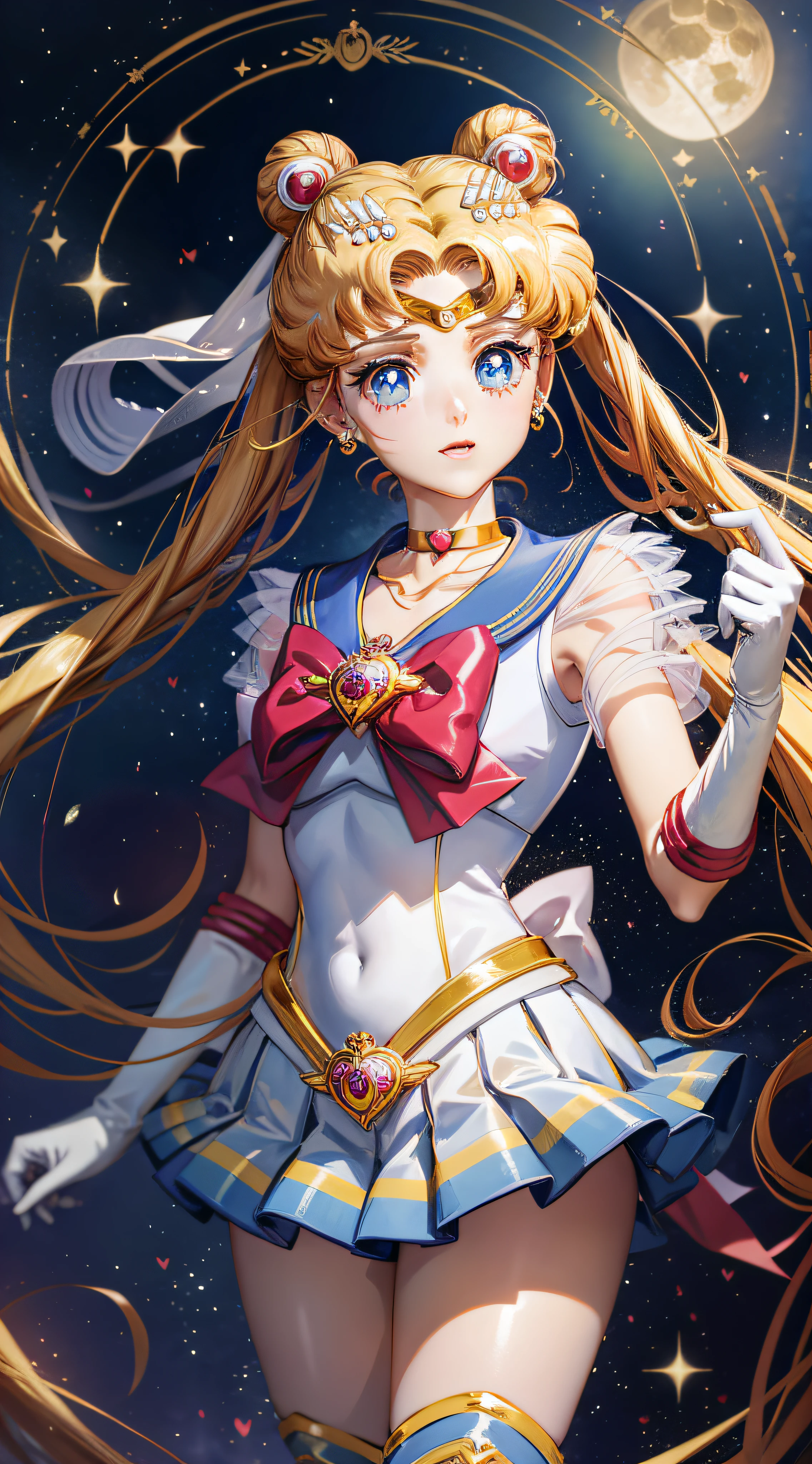 Masterpiece, best quality, (1 girl), super sailor moon, cowboy lens, night sky, moonlight, night, white gloves, blue eyes, galaxy background, multicolored clothes, , blue skirt, hair ornament, red bow, brooch, heart brooch, earrings, crescent, heart necklace, heart, very long hair, crescent moon earrings, tiara, yellow necklace, boots, knee boots,  red shoes, long legs
