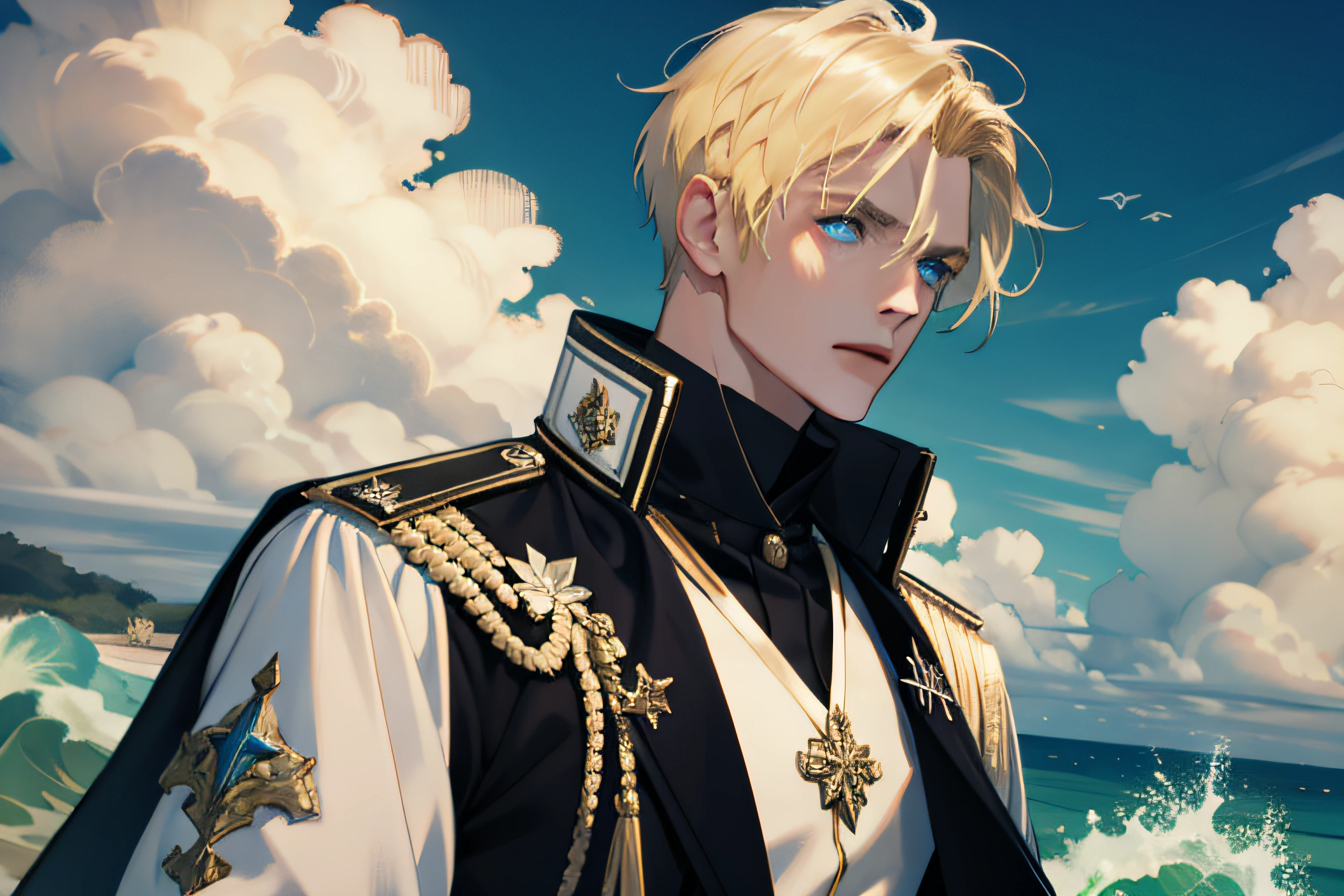 (masterpiece, best quality), 1 male, mature, aged up:1.4, tall muscular guy, broad shoulders, finely detailed eyes and detailed face, extremely detailed CG unity 8k wallpaper, intricate details, Fantasy, royal, nobleman, Admiral, short hair, blonde hair, blue eyes, fleet commander, navy, commander, white uniform, ocean, cloudy sky, wave