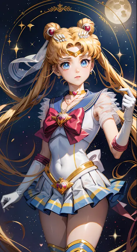 Masterpiece, best quality, (1 girl), super sailor moon, cowboy lens, night sky, moonlight, night, white gloves, blue eyes, galax...