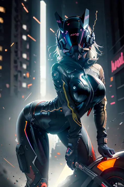 solo, Raw photo, realistic, masterpiece, best quality, high resolution, ultra detailed, offical arts, unity 8K wallpaper, offical wallpaper,  moody atmosphere, chiaroscuro, celty, 1girl,1female, helmet, bodysuit, black bodysuit, skin tight, biker clothes, ...