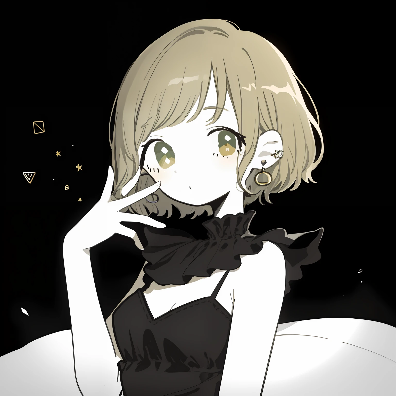 (nmasterpiece,masterpiece)Best qualities,best quality,figure(main character),(1girl:1.5),(green eyes),(bronde hair+short-cut hair:1.3),closes mouth,ear ring,(Round earrings:1.1),(jewelries:1.1),Pure black background,Look at the audience at eye level,chemise,simplebackground,solo,(Haut du corps:1.1),Pure black shirt,maximalism。