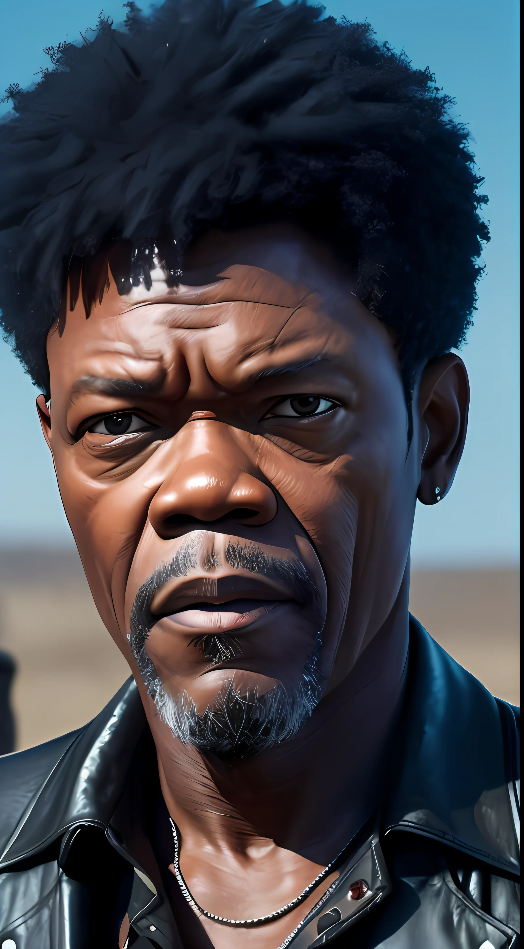 Samuel L. Jackson as Nick The natural, beautiful, dramatic, dashing, award-winning headstyle, is a real masterpiece of masculine beauty, the face as in the movie, completing the anatomical perfection of a man standing tall in an abandoned city. The setting lighting accentuates the movie-like outfit which adds to his confidence. The scenery is lush and mysterious, with the dark city and its surroundings. The camera details everything.  When looking into beautiful eyes, there are eyes that will attract people. His gaze is on the viewer, you can clearly see every small detail, every perfect line, every beautiful leather detail with 8K quality, one is captivated by the confidence radiating from each eye. His head is framed with black hair and his face is drawn in meticulous detail using 8K quality images. --auto