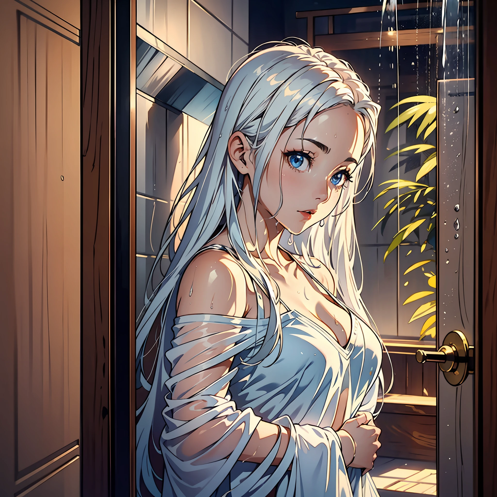 A 25-year-old woman，Nice blue eyes，White long hair，taking shower，No H content，sidelighting, Masterpiece of the best quality，8K，intensely detailed，highly quality，high resolucion