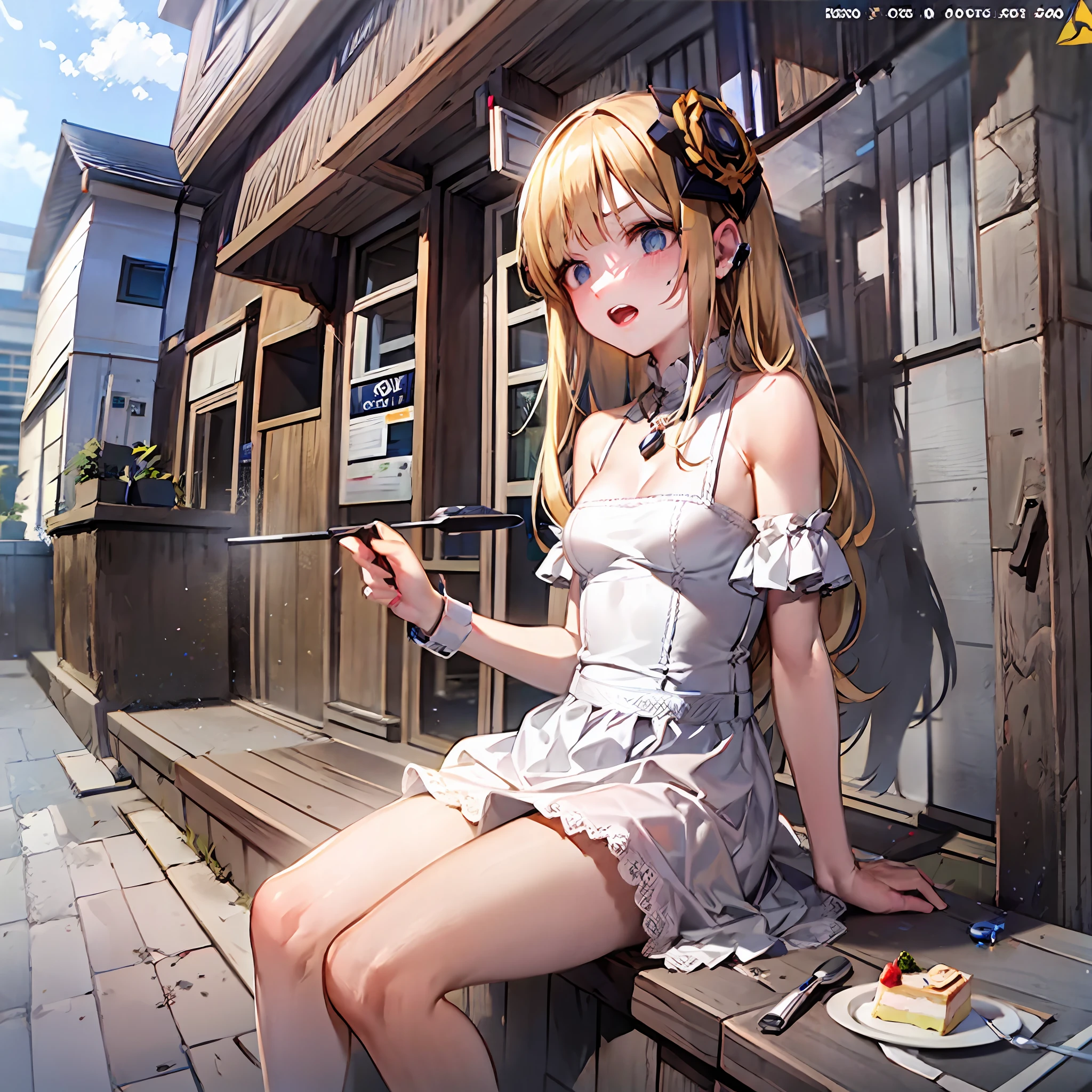 (illustration,masterpiece,best quality,high resolution),(1girl,(loli:1.2),small breasts,long hair,blonde hair,white dress,bare shoulders,town,cake,angry) BREAK (Bodycam,police)