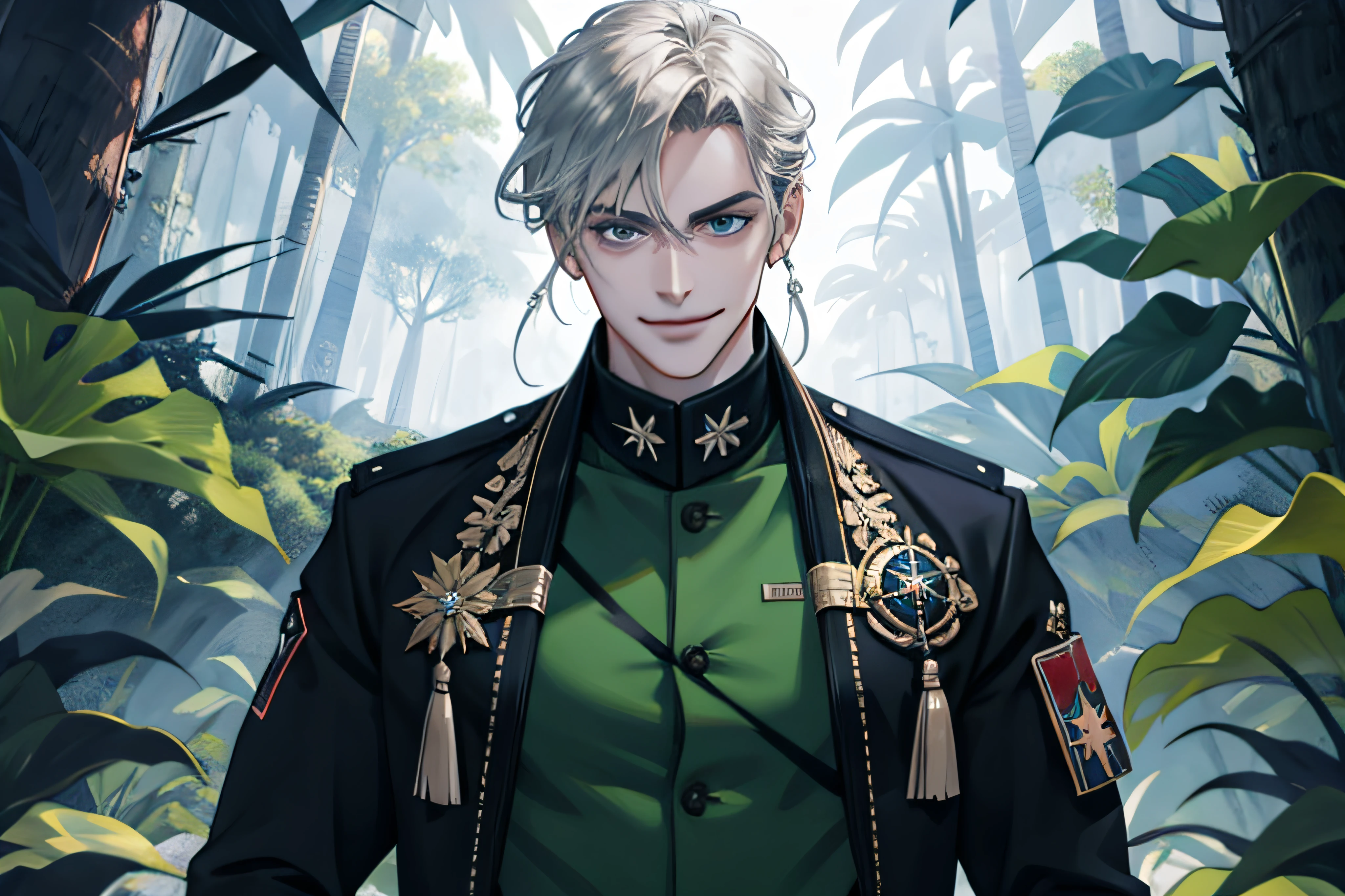 (masterpiece, Best Quality), 1 man, maduro, aged: 1.4, Tall and muscular boy, wide shoulders, finely detailed eyes and detailed face, extremely detailed CG 8k wallpaper, intricate details, silver hair, smile, Long messy hair, Eye patch, barba, dirty, mercenary, old leather sweater, forest, jungle, environment