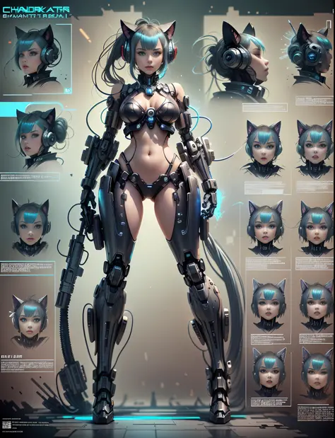 (((Character sheet))), full body photo of Reika Shimohira as a Nekomata catgirl in a cat suit with a gun, (((front and back view))), diagrams, digital cyberpunk - anime art, digital cyberpunk anime art, cyberpunk anime girl mech, fully robotic!! digital cy...