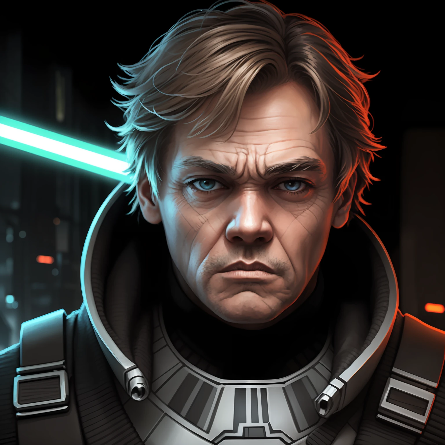 CG high resolution masterpiece of a sci-fi cyberpunk warrior , Luke Skywalker's face. The energetic character stands in front of a Star Wars-themed background, contributing to the epic scene with an ultra-done illustration style and a dynamic angle. --auto