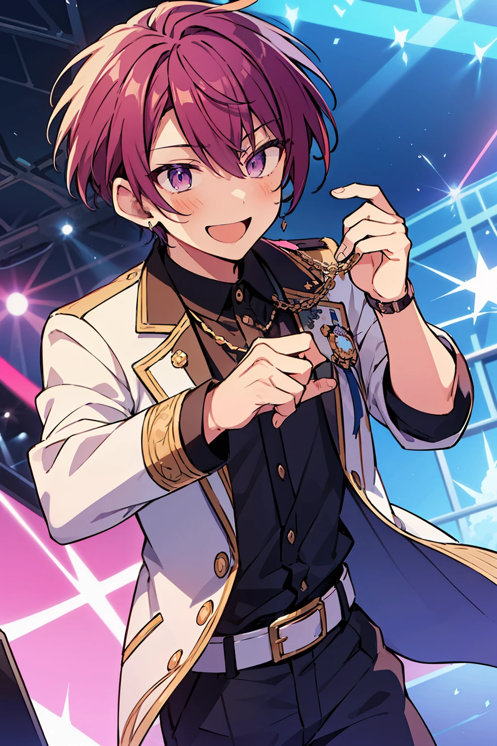 (high-quality, breathtaking),(expressive eyes, perfect face), 1boy, male, solo, short, young boy, purple hair with long parted bangs, pink eyes, laugh, purple idol outfit, pants, on stage