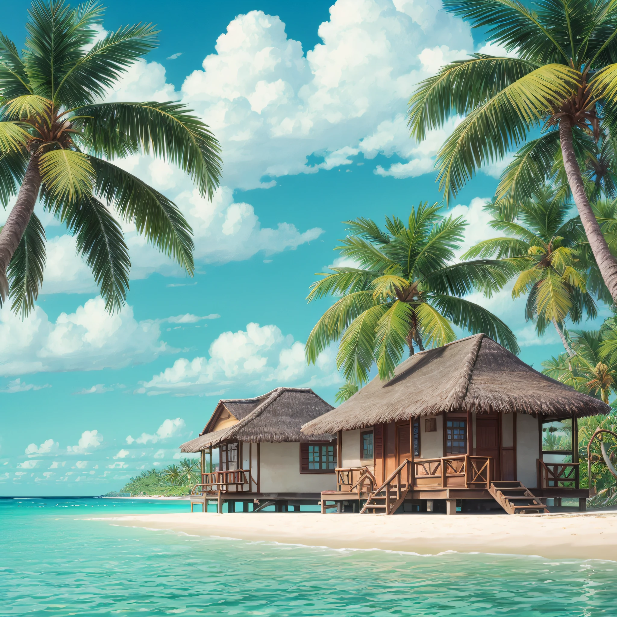 $$$Best Quality$$$, high Resolution, clear, beach, boat, hut, palm tree, sand, sea, seagull, sky, sunny day, HD landscape, real, beautiful and amazing landscape Real photography s tropical island with blue sea and sky, tropical island, shot on Sony A7R --auto