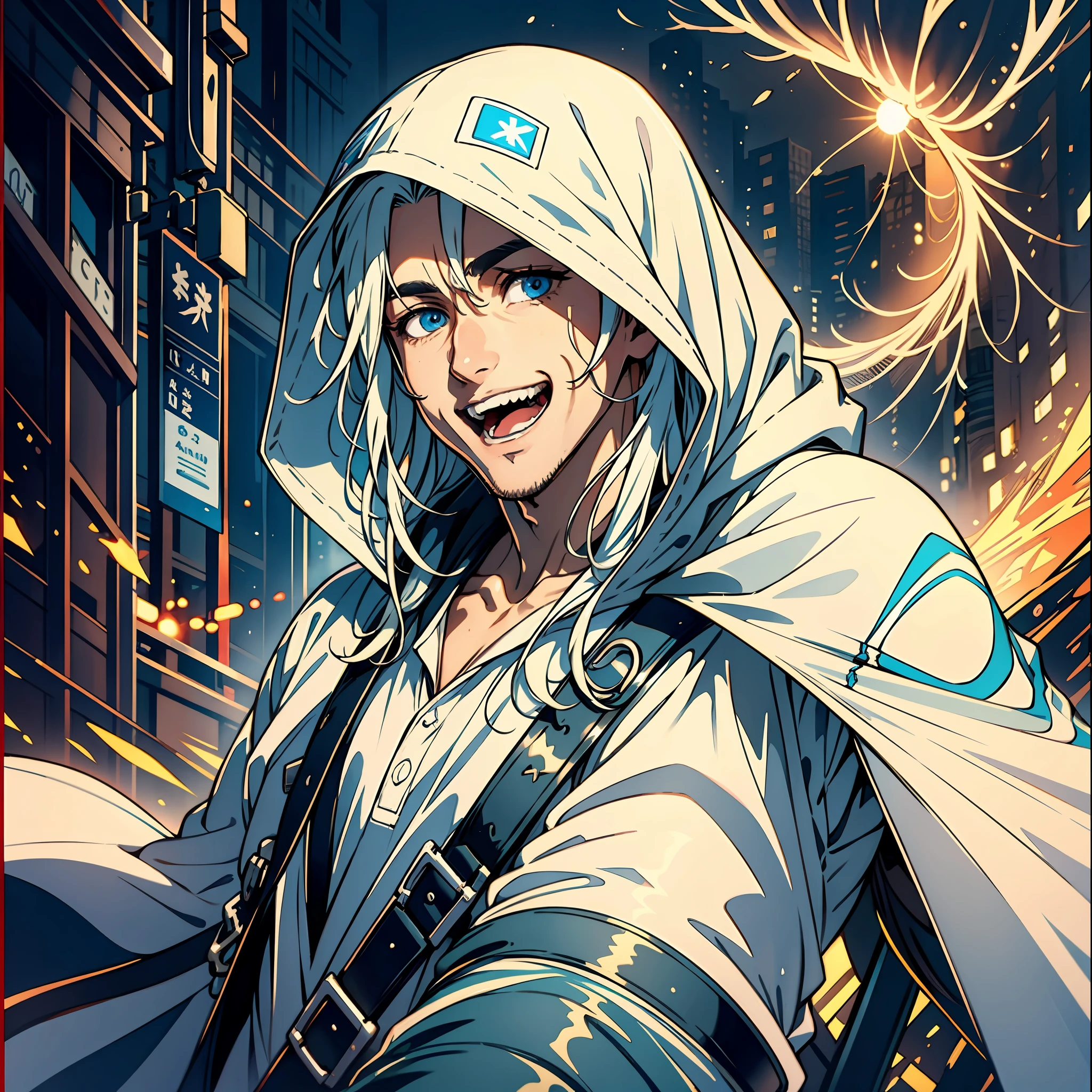 A 25-year-old man，Nice blue eyes，White long hair，big laughter，Toothy smile，Grew a mouth，Sun'rays，Streets，automobile，Hooded storm jacket，sidelighting, Masterpiece of the best quality，8K，intensely detailed，highly quality，high resolucion