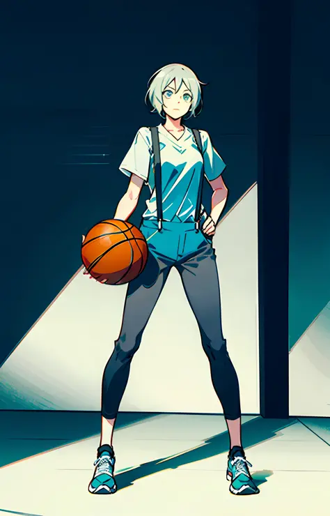 gray pants，white suspenders，black top，split head in gray，shonen，handheld basketball，white backdrop，full body portraits，character...