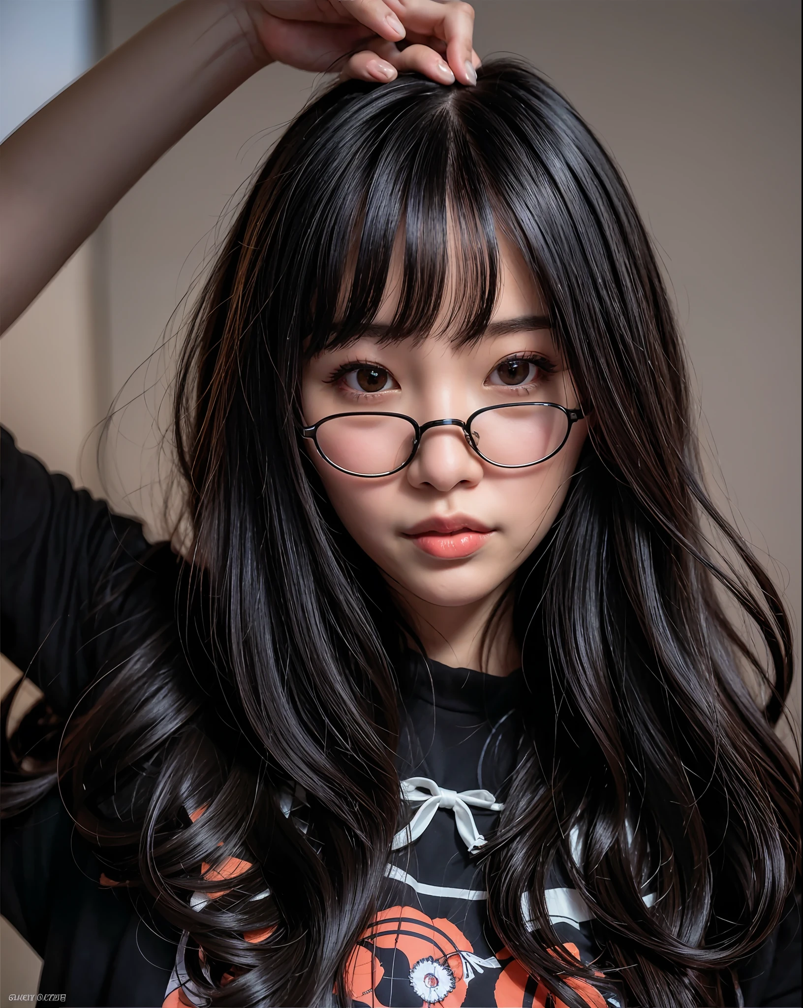 arafed asian woman with glasses and a black shirt, ulzzang, neat hair with bangs, wavy long black hair and glasses, with glasses, long hair with bangs, hair blackbangs hair, fluffy bangs, long hair with full bangs, she has black hair with bangs, with bangs, with full bangs, 🤤 girl portrait, korean girl, wearing small round glasses