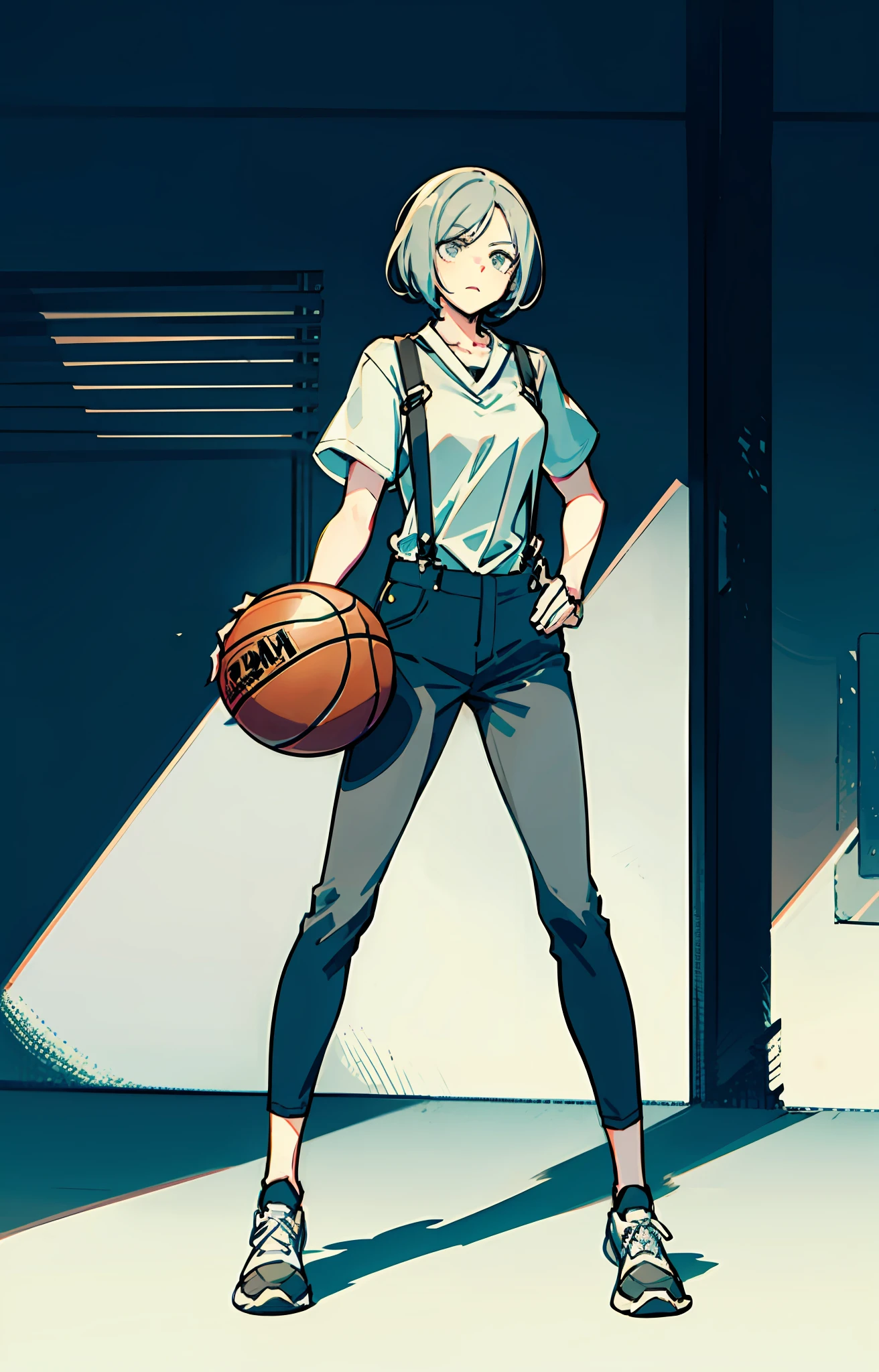 Gray pants，White suspenders，Black top，Split head in gray，shonen，Handheld basketball，white backdrop，Full Body Portraits，Character setting drawings