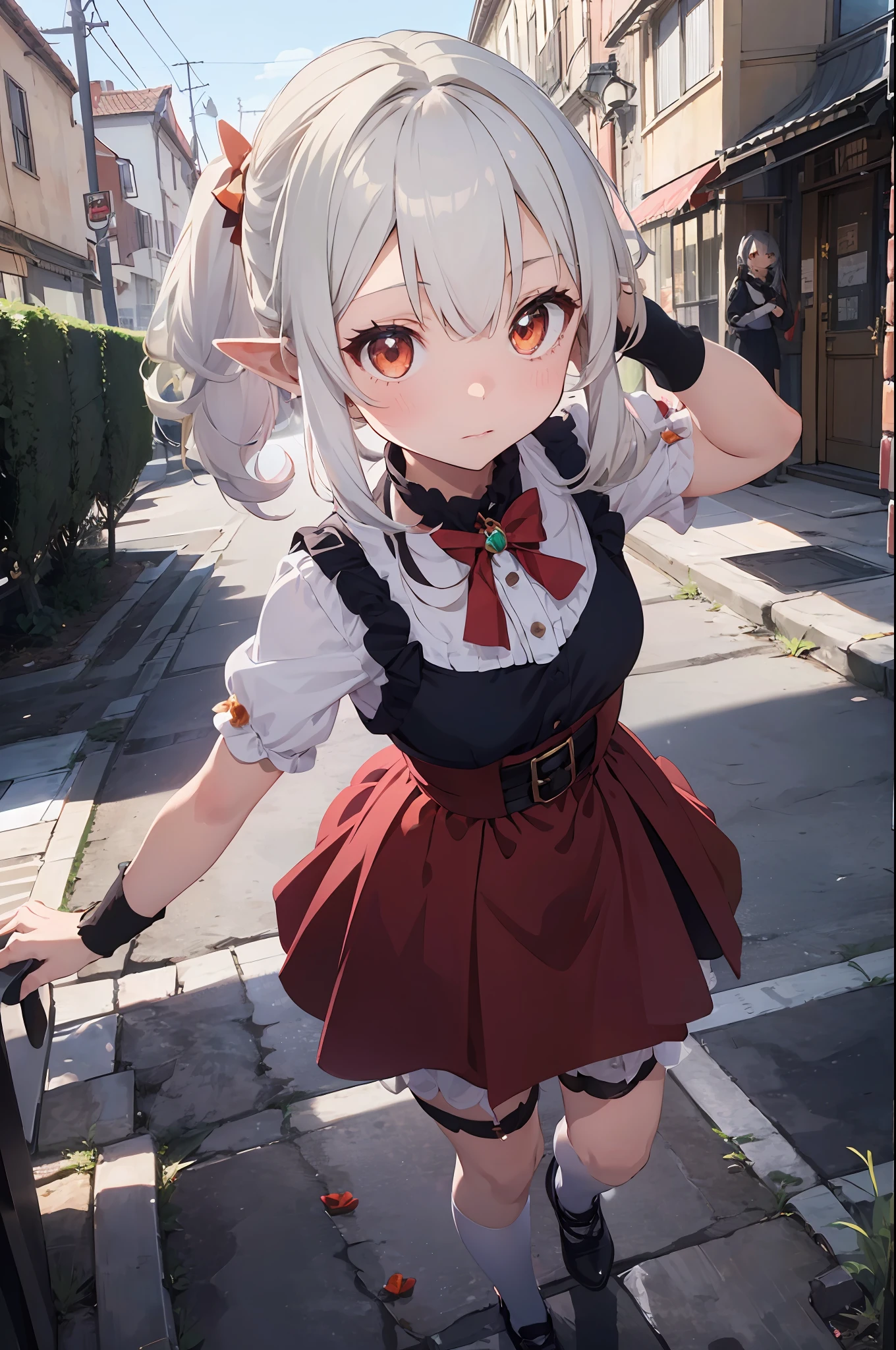 ((1 girl, Klee Genshin Impact, Genshin, silver hair, loli, flat, elf ear, red eyes, orange eyes, bloom, ray tracing, god rays, sparkle, cinematic lighting, pov, masterpiece, super detail, high details, high quality, anime, anime style)) fantasy, from above, witch, moon, night, shy, nervous, walking at street, academy, holding book, black dress, red skirt,