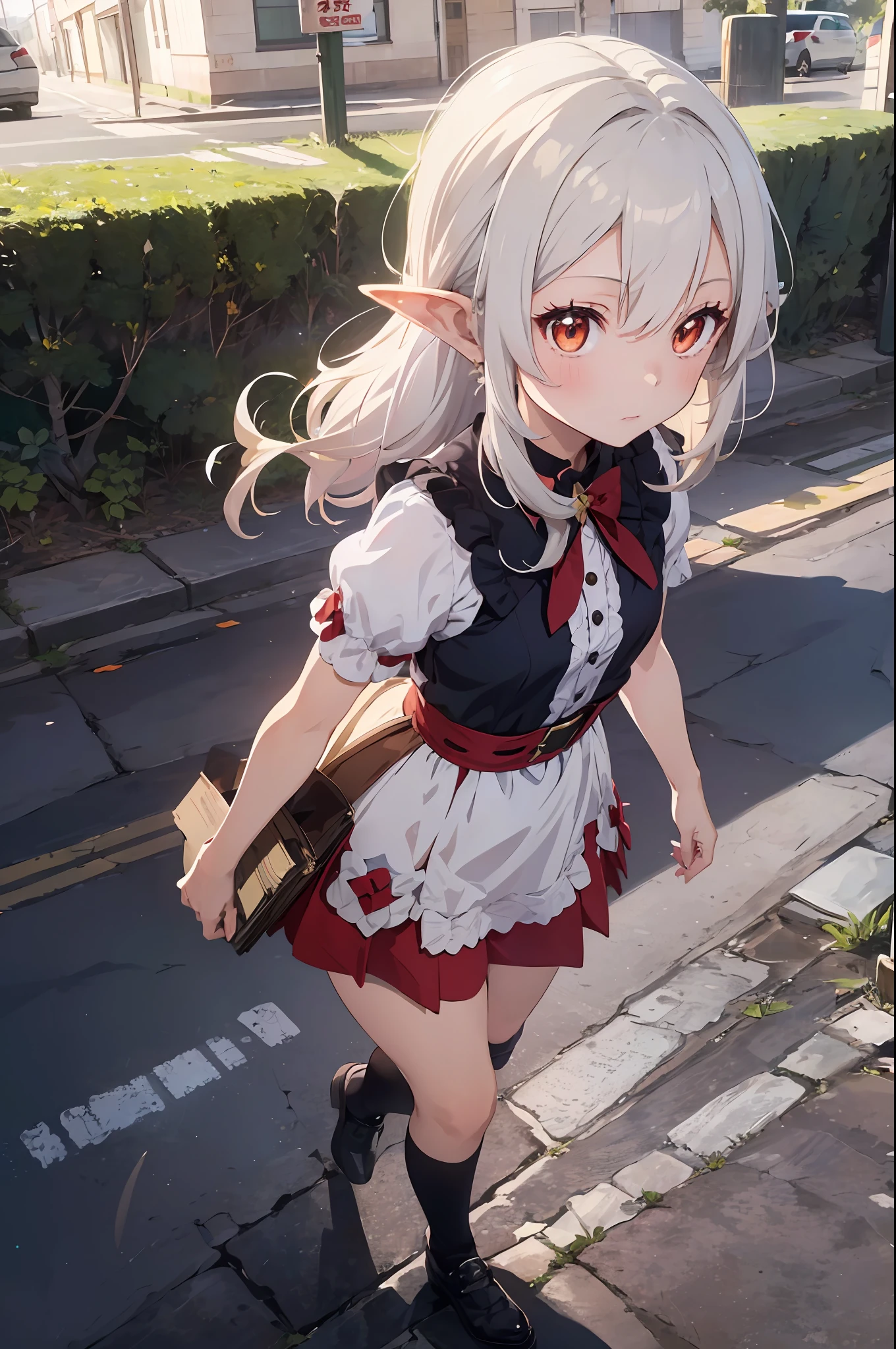 ((1 girl, Klee Genshin Impact, Genshin, silver hair, loli, flat, elf ear, red eyes, orange eyes, bloom, ray tracing, god rays, sparkle, cinematic lighting, pov, masterpiece, super detail, high details, high quality, anime, anime style)) fantasy, from above, witch, moon, night, shy, nervous, walking at street, academy, holding book, black dress, red skirt,