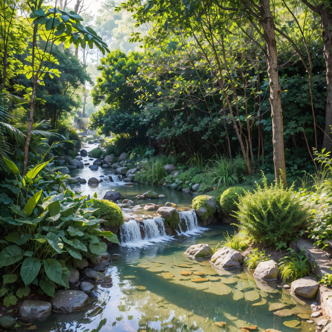 Meander along a small stream，The transparent turquoise stream flows gently，The pebbles at the bottom of the river shine with crystal light as the water washes them。The banks of the creek are flanked by lush woods，The branches and leaves of the towering tree form a dense green shade，Sunlight shines through the leaves，Cast dappled light and shadow on the ground。