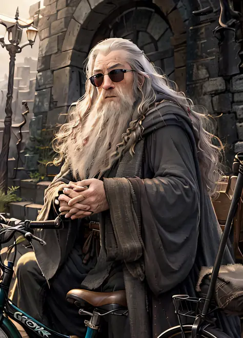 gandalf meditando ao ar livre, sentado na grrama, bike dropped in the background, Looking at the camera, with cycling style sung...