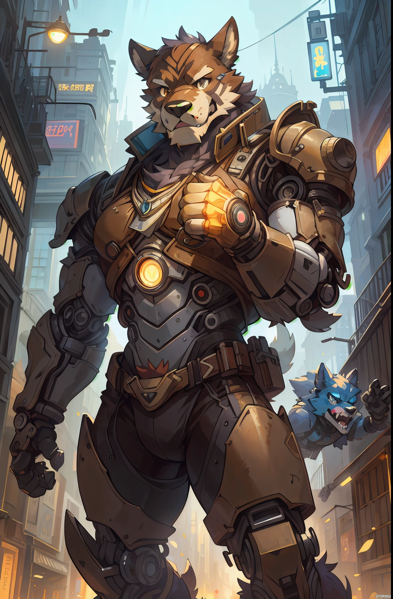 top quality, High-quality illustrations by Johannes Vermeer, masterpiece, Dark_Fantasy, Cyberpunk, steam punk(super handsome boy, single, kemono)Mechanical marvel, Robotic presence, Cybernetic guardian, wearing a worn-out mech suit, intricate(steel metal, rusty)(furry anthro:1.7)(Furry body, dog facial features, dog body features)elegant, clear focus, shot by greg rutkowski, soft lighting, vibrant colors, masterpiece((street))cowboy shot, dynamic pose,