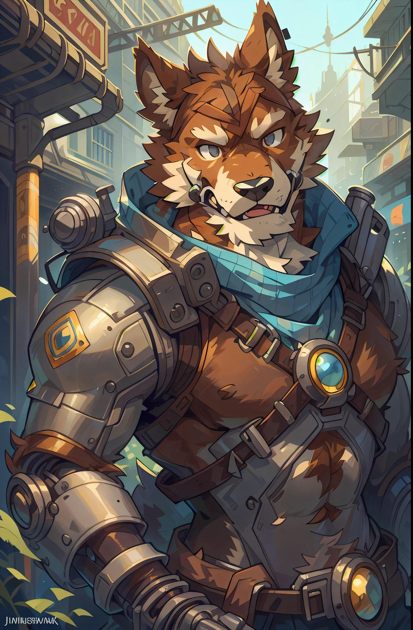 top quality, High-quality illustrations by Johannes Vermeer, masterpiece, Dark_Fantasy, Cyberpunk, steam punk(super handsome boy, single, kemono)Mechanical marvel, Robotic presence, Cybernetic guardian, wearing a worn-out mech suit, intricate(steel metal, rusty)(furry anthro:1.7)(Furry body, dog facial features, dog body features)elegant, clear focus, shot by greg rutkowski, soft lighting, vibrant colors, masterpiece((street))cowboy shot, dynamic pose,