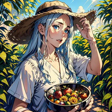 a 25-year-old man，nice blue eyes，white long hair，wear a sun hat，gasping，vegetables are picked on the farm，sun'rays，casual attire...