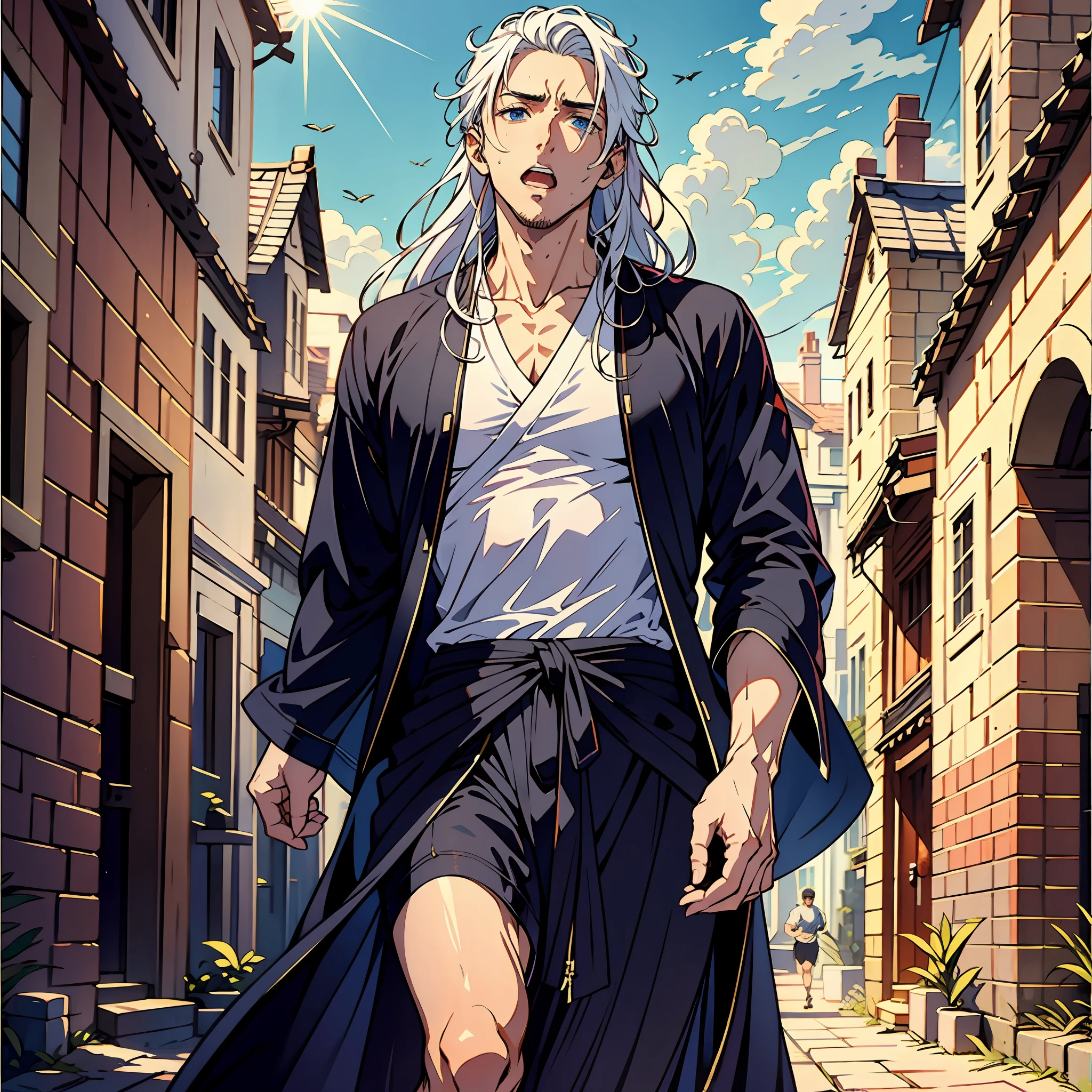 A 25-year-old man，Nice blue eyes，White long hair，gasping，perspire，jogging，Sun'rays，Ancient streets，black robes，sidelighting, Masterpiece of the best quality，8K，verydetailed，highly quality，high resolucion