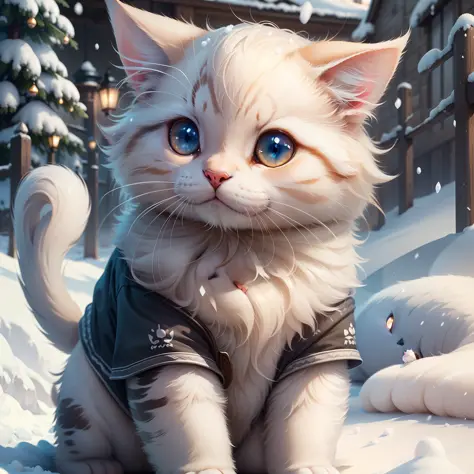 masterpiece,best quality,ultra-detailed,extremely detailed CG unity 8K wallpaper,a cute kitty,white,a puppy dog,snow