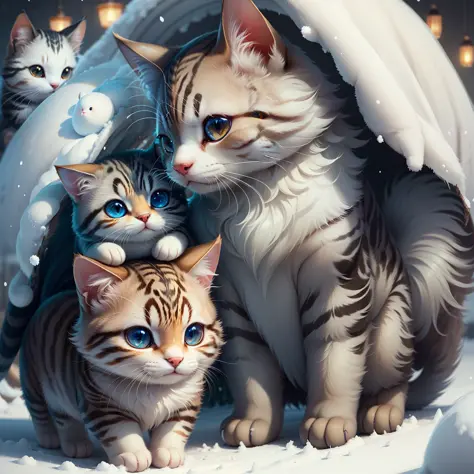 masterpiece,best quality,ultra-detailed,extremely detailed cg unity 8k wallpaper,a cute cat,furry,white,surrounded by puppy dog,...