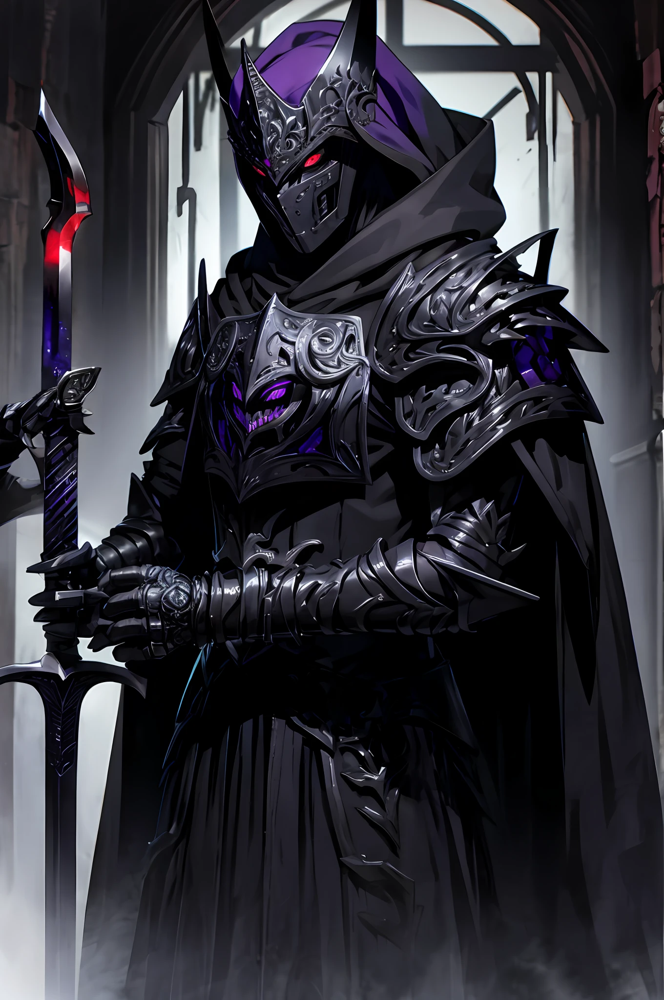 dark soul, A bodyless armor, black shawl, black hood, no face, male, armor carving, demonic armor, black face, scarlet eyes, barrel helmet, peephole, iron crown, holding a Ornate black and purple one-handed sword, gothic style, in a dark forest