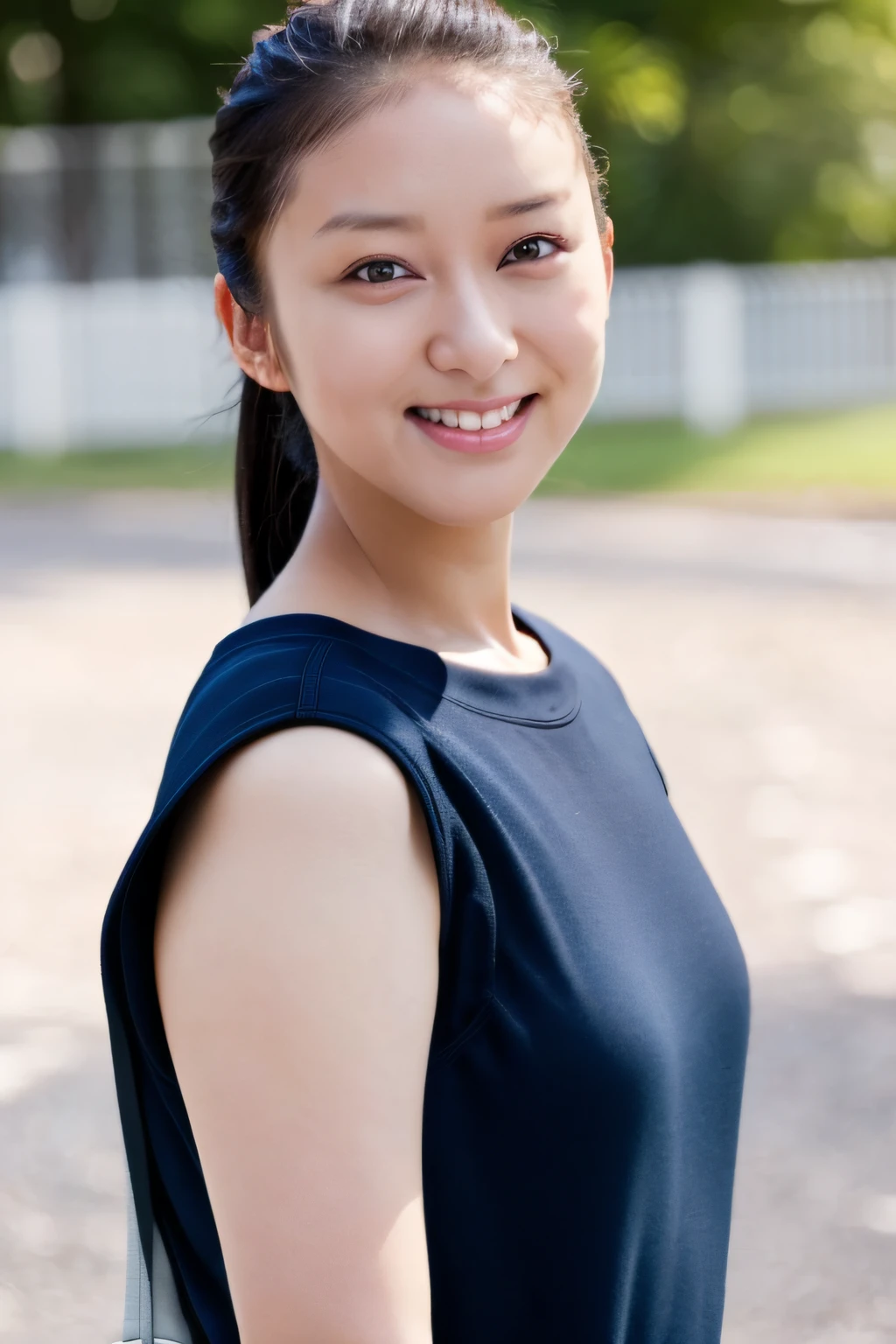 (4k,   beste Qualität, highres:1.2), (realistisch, photo-realistisch:1.37),  Emi Takei, 1 Mädchen, Allein,  Betrachter betrachten, blasse Haut, (Feines Hautbild:1.3), lächeln, Schuluniform,  Schulbadeanzug,