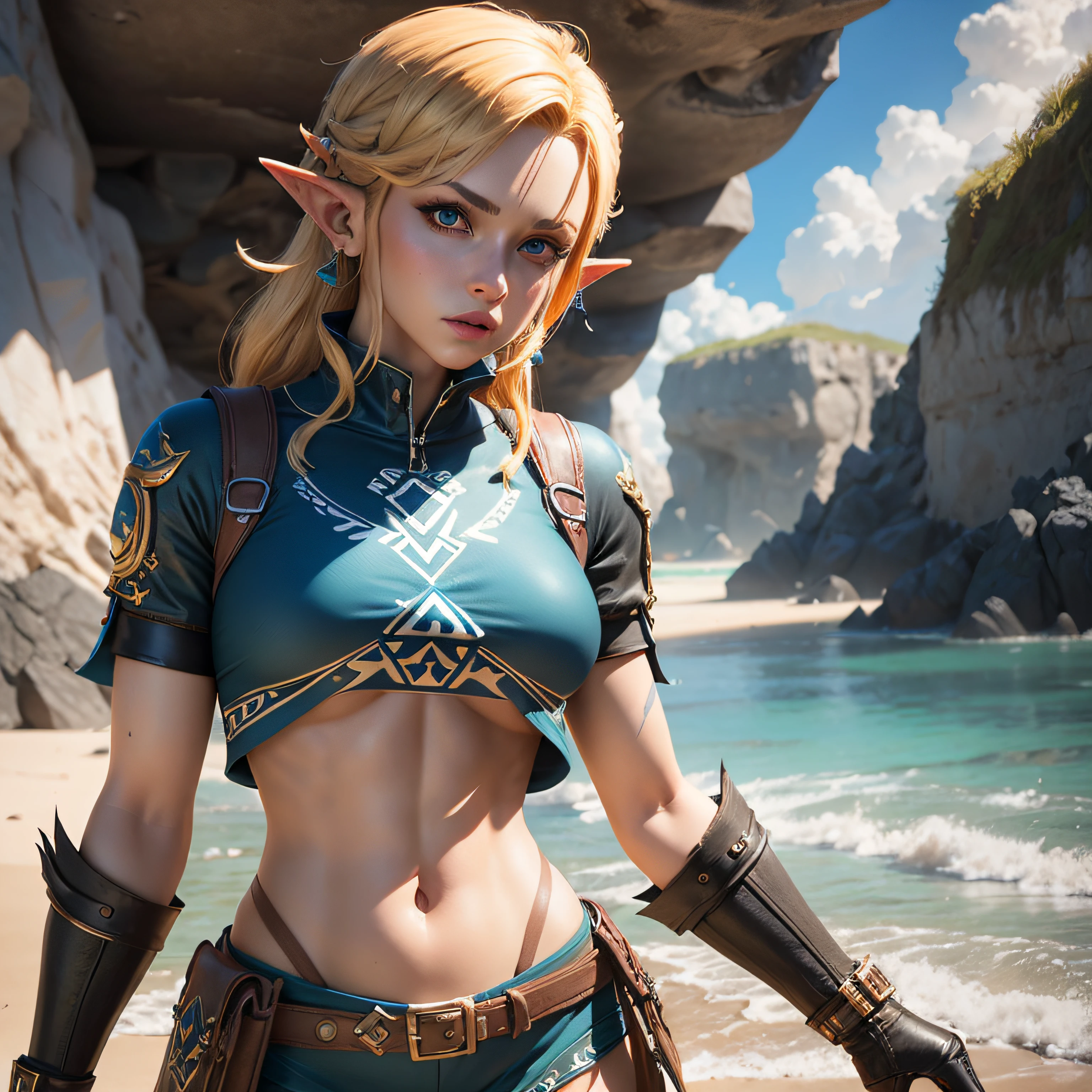 link, de Zelda, In fateful poses of Stret Fighter 2,  3d render em 8K, best qualityer, Masterpiece artwork, Nikon, realistic light and shadows, 8K, ray tracing, NVIDIA, unreal engine 5, on a beach with a blue night sea